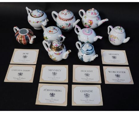 A group of Victorian Albert Museum teapots, to include The Chelsea Derby, Furstenberg Tornay, Worcester, Mennecy, Bow, Hochst