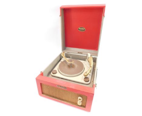 A Dansette record player, in a retro red and cream case.