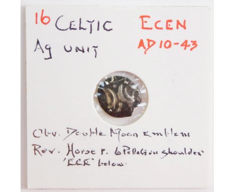 A Celtic AG unit, Ecen, cAD10-43, obverse double moon emblem, reverse horse with six pellets on shoulder, "ECE" below. 