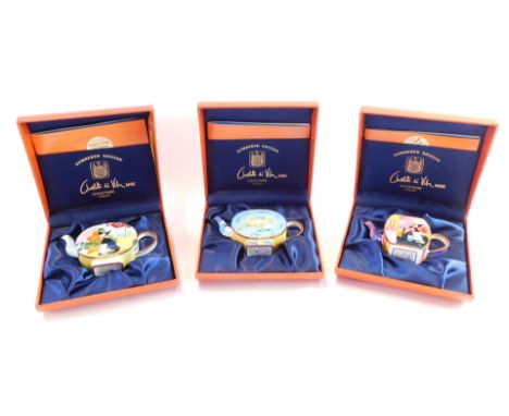 Three Charlotte Di Vita Collection enamel teapots, comprising blue enamel cat., red enamel abstract cat., and Serafina, all b