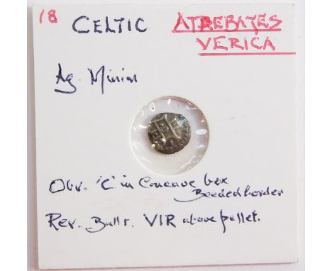 A Celtic AG minim, Atrebates Verica, obverse "C" in concave box with beaded border, reverse a bull and "VIR" above pellet. 