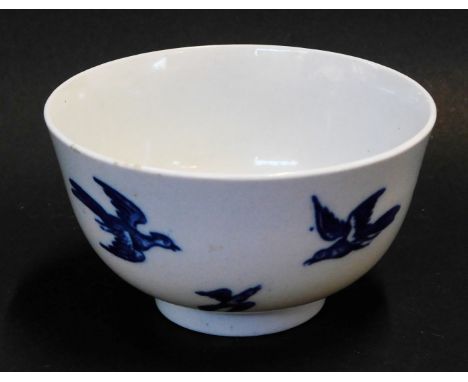 A Worcester First Period blue and white porcelain tea bowl, decorated in the Birds in Branches pattern, hatched crescent mark
