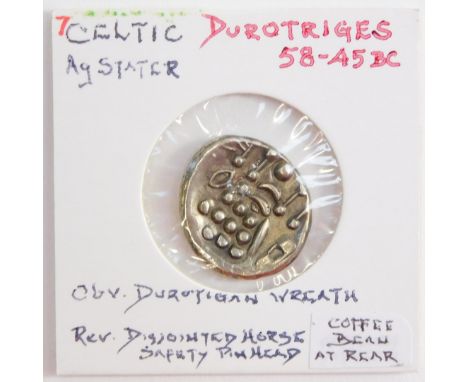 A Celtic AG stater, Durotriges, c58-45BC, obverse Durotigan reef, reverse disjointed horse safety pin head, X Brighstone hoar