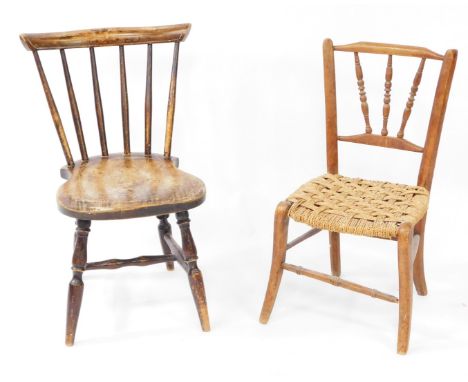 Two child's chairs, comprising a child's stick back chair, with painted back, 59cm high, together with an oak rush seated chi