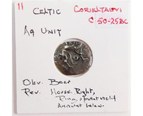 A Celtic AG unit, Corieltauvi, c50-25BC, obverse bear, reverse a horse rider with ring and pellet motif, amulet below, Alan H