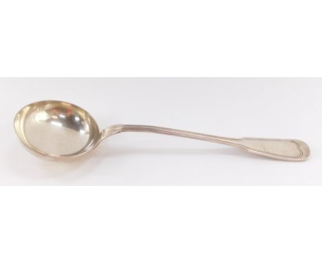 A fiddle pattern soup ladle, white metal, stamped REX and SNO10 with crown, 7.9oz.