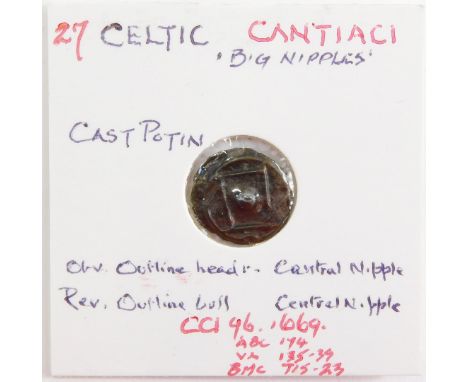 A Celtic cast potin Cantiaci "big nipple", obverse and outline head with central nipple, reverse and outline bull with centra