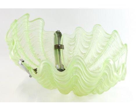 A 1930's  Art Deco green glass ceiling light, with three moulded shell panels, on chrome fittings, with hanging chain. 