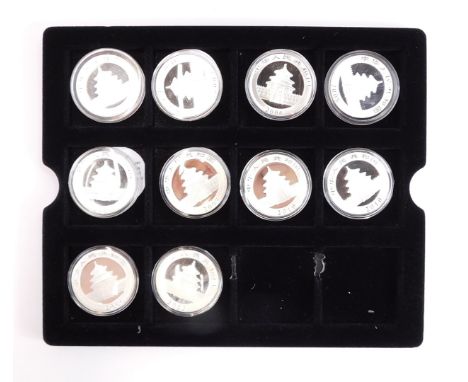 A group of ten Chinese silver proof coins, for the year of the panda, dated 2013, 11, 2008, (2) 2009, 2010 (2), 2006, 2005, 2