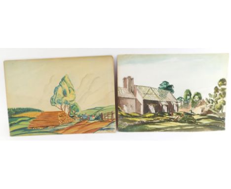 H R Spuran (British, early 20thC). Derelict farmhouse, country landscape with felled timber, pair of watercolours, signed, da