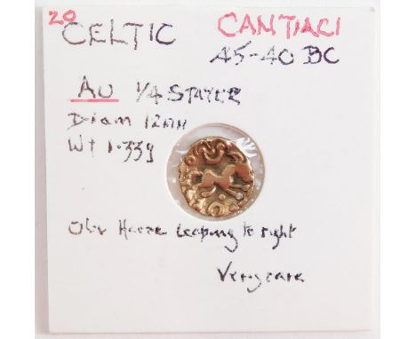 A Celtic AU quarter stater, Cantiaci, c45-40BC, obverse a horse leaping to right. 