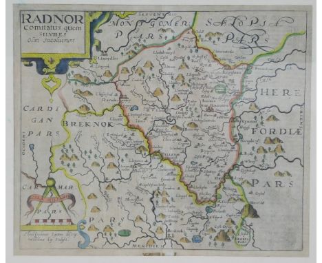 After Christopher Saxton. Map of Radnor, Comitatus quem silvres, hand coloured engraving, military scale, 28cm x 33cm, framed