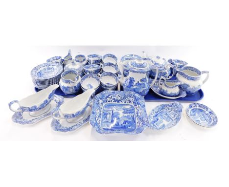 A group of Spode Italian pattern pottery blue and white wares, comprising tea, coffee and dinner wares, soup bowls, saucers, 