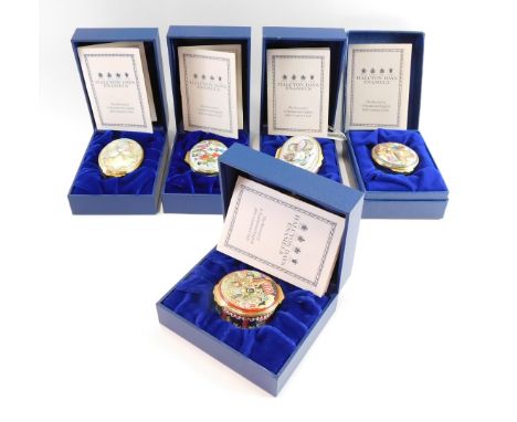 Five Halcyon Days enamels pill boxes, comprising Come To The Fair Bears, Beatrix Potter fox and Jemima Puddle Duck, box numbe