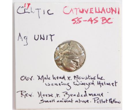 A Celtic AG unit, Catuvellauni, c55-45BC, obverse a male head with mustache and wearing a winged helmet, reverse a horse with