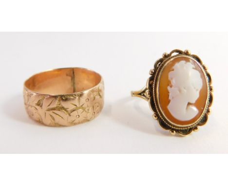 A 9ct rose gold wedding band, foliate engraved, size N, 4.5g., together with a 9ct gold cameo ring, bust portrait of a lady, 