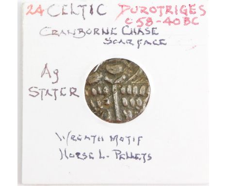 A Celtic AG stater, Durotriges, c58-40BC, Cranborne Chase Scarface, obverse reef motif, reverse horse with pellets, x D Colli