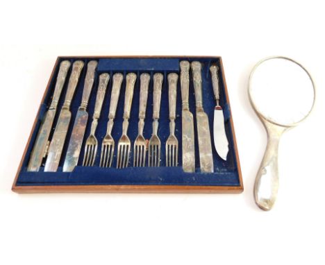 A group of silver and other cutlery and effects, comprising a part canteen of plated Kings pattern fruit knives and forks, bu