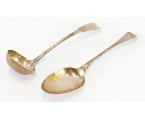 A George II Scottish silver cream ladle, Andrew Wilkie, Edinburgh 1814, together with a Victorian silver dessert spoon, James