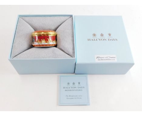 A Halcyon Days enamels Christmas 2002 enamel pill box, boxed with certificate. 