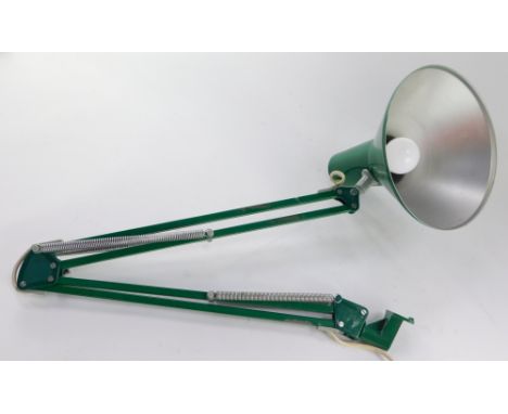 An anglepoise lamp, in green, desk mountable, two fold, 85cm long when fully extended. 