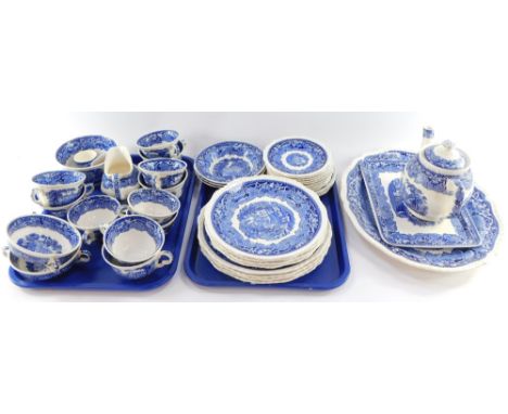 A Masons blue and white ironstone part tea and dinner service, comprising meat plate, teapot, serving plate, milk jug, sugar 