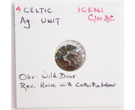 A Celtic AG unit, Iceni, 1stC BC, obverse a wild boar, reverse a horse with cotter pin below.