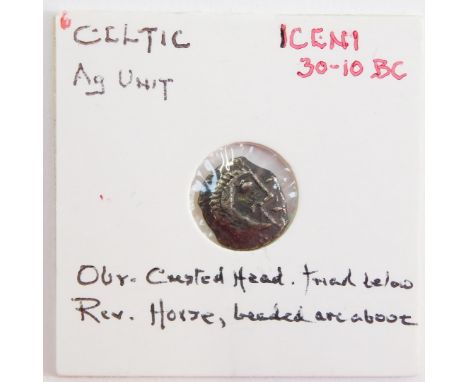 A Celtic AG unit, Iceni, c30-10BC, obverse a custed head with triad below, reverse a horse, beaded arc above, attributed to Q