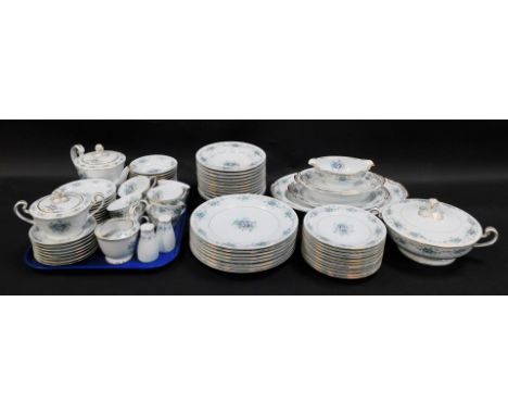 A Noritake Violette pattern part tea and dinner service, comprising tea pot, milk jug, sugar bowl, six cups and saucers, salt