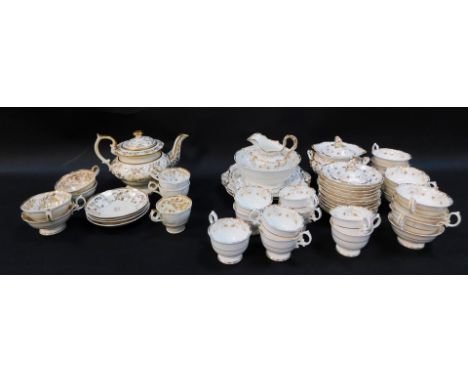 A group of early 19thC harlequin porcelain tea wares, on a white and cream ground with gilt detailing and acorn finials, to i