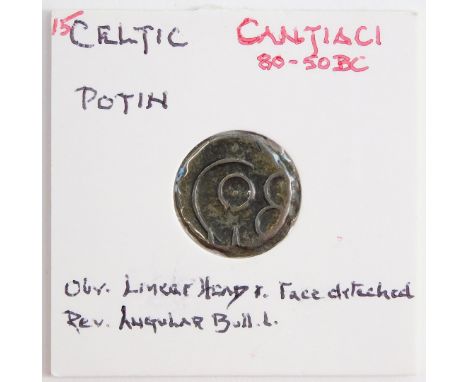 A Celtic Potin Cantiaci, c80-50BC, obverse a linear head with face detached, reverse and angular bull, X J Faye/A Cooper coll