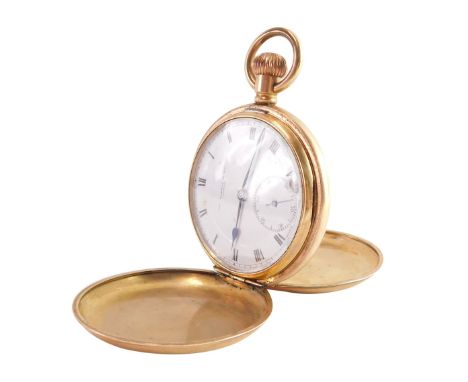 A gold plated gentleman's hunter pocket watch by Thos Russell &amp; Son Liverpool, with white enamel dial, blue hands and sec