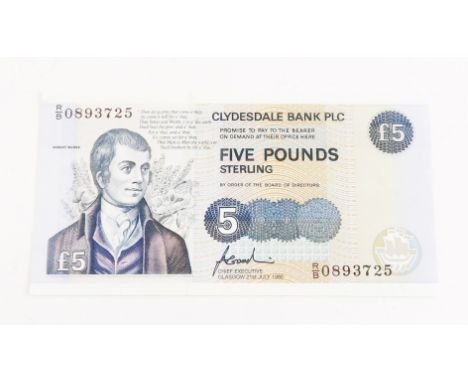 A Clydesdale Bank PLC £5 note, serial number R/B 0893725, 1st July 1996.