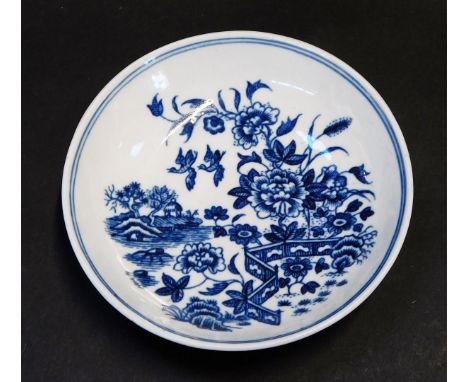 A Worcester First Period blue and white porcelain saucer, circa 1765-85, decorated in the Fence pattern, hatched crescent moo
