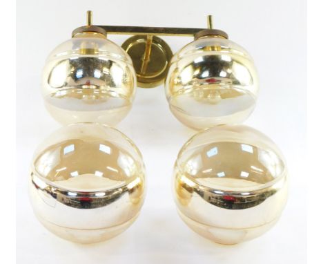 A group of vintage wall lights, comprising a two branch and silver domed wall light and two additional shades.