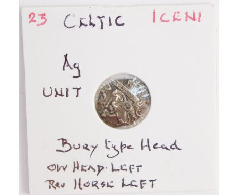 A Celtic AG unit, Iceni, with Bury type head, obverse head facing left, reverse horse facing left. 