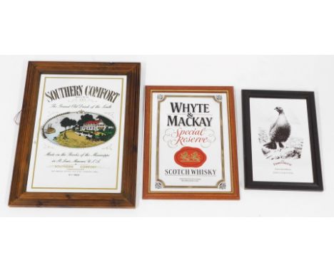 A group of pub advertising mirrors, comprising The Famous Grouse Scotch Whisky, 29cm x 18.5cm, White and Mackay Special Reser