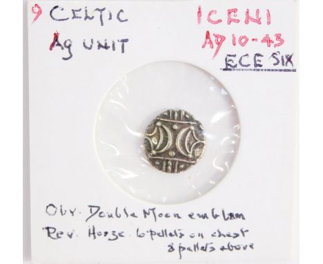 A Celtic AG unit, Iceni, cAD10-43, ECE six, obverse double moon emblem, reverse horse, six pellets on chest, eight pellets ab