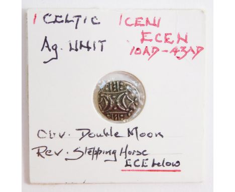 A Celtic AG unit coin, Iceni Ecn, circa 10-43AD, obverse Double Moon, reverse stepping horse, Ex Philip Court collection. 