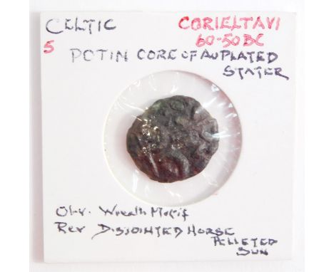 A Celtic Potin core of OAU plated stater, Corieltavi, c60-50BC, obverse a reef motif, reverse a disjointed horse and pelleted