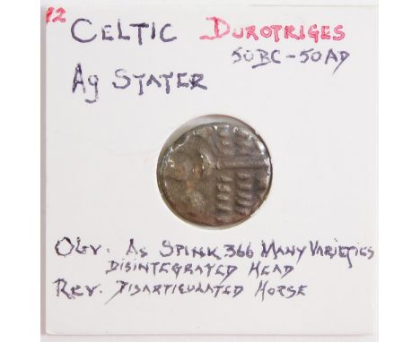 A Celtic AG stater, Durotriges, c50BC-50AD, obverse a disintegrated head, reverse a disarticulated horse.