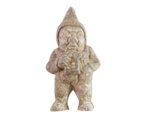 An early 20thC lead mould modeled as a gnome, standing holding a lantern, two section, 22cm high. 