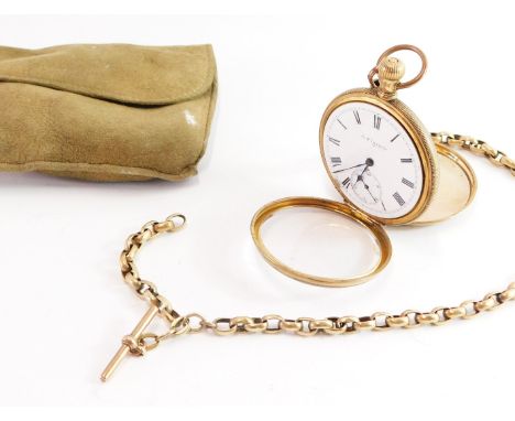An Elgin gold plated gentleman's pocket watch, together with a plated watch chain, the Elgin wristwatch with white enamel clo