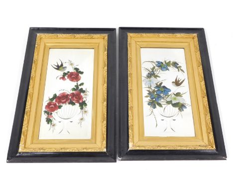 A pair of Victorian painted glass panels, each with rectangular mirror plate painted with decoration of birds and flowers, 58