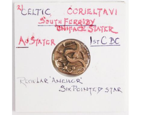 A Celtic AU stater, Corieltavi, South Ferriby Uniface stater, c1stC BC, decorated with a regular anchor six pointed star. 