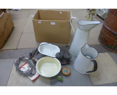 A box of enamel ware, etc.