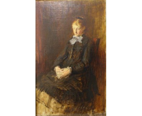 English School, three quarter portrait of a seated widower, oil on canvas, 69 x 43cms, framed