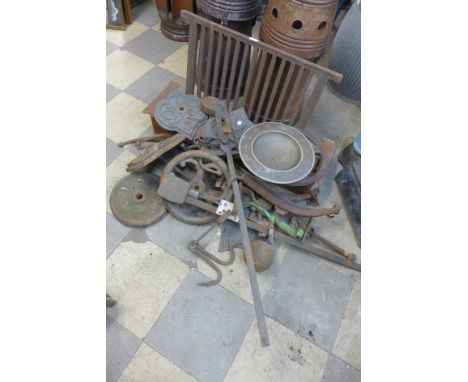 Horse hames, cast iron plaques, scales, etc.