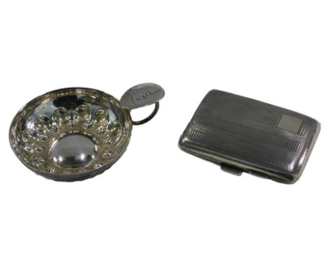 A George V silver cigarette case, with engine turned decoration, vacant cartouche, London 1831, 1.71oz, and a silver plated w