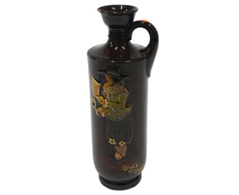 A Royal Doulton kingsware Dewar's whisky flask, decorated with a figure 'Oyez! Ozez!', 27cm high. (AF)